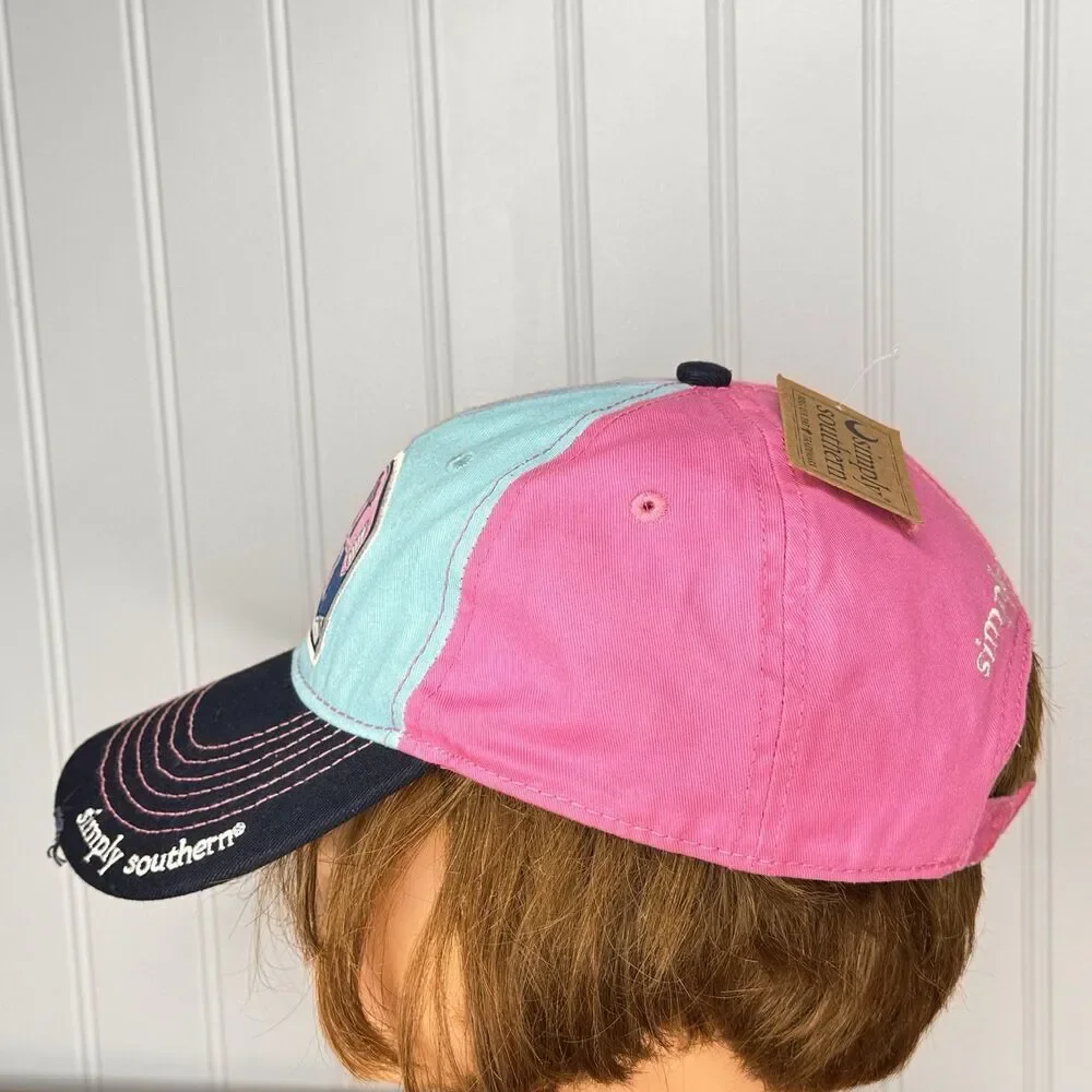 Simply Southern Happy Camper Embroidered Pink Aqua Baseball Hat Cap Distressed
